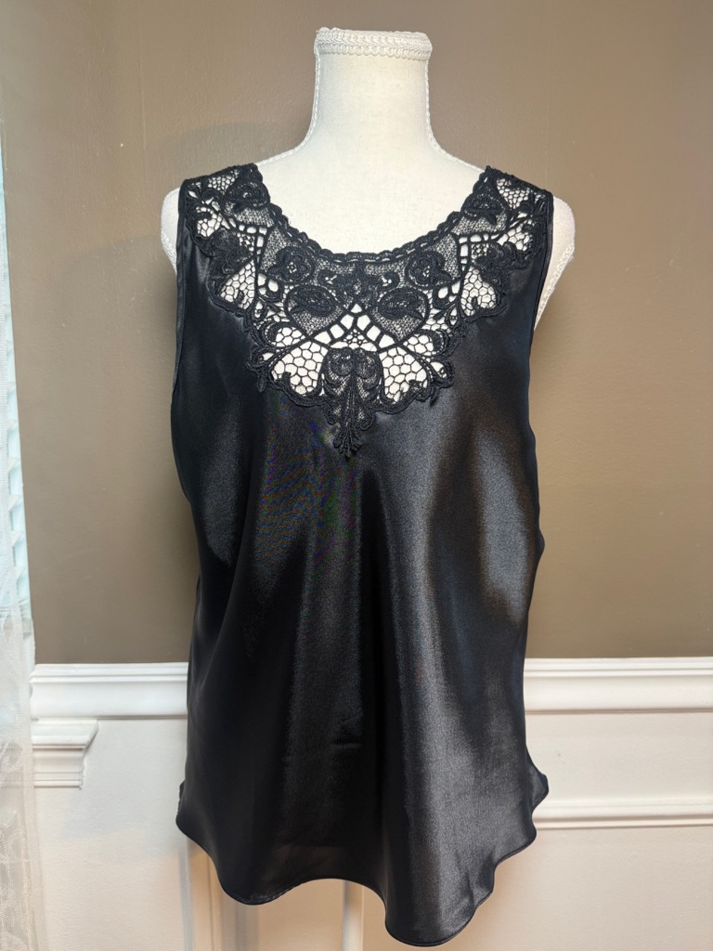 Cinema Etoile Black Satin Lace Tank XL‎ Sleeveless Slip Cami Top